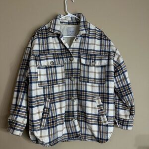 Angel Kiss Women’s Plaid Shacket M – White Brown Blue Flannel Button Down jacket